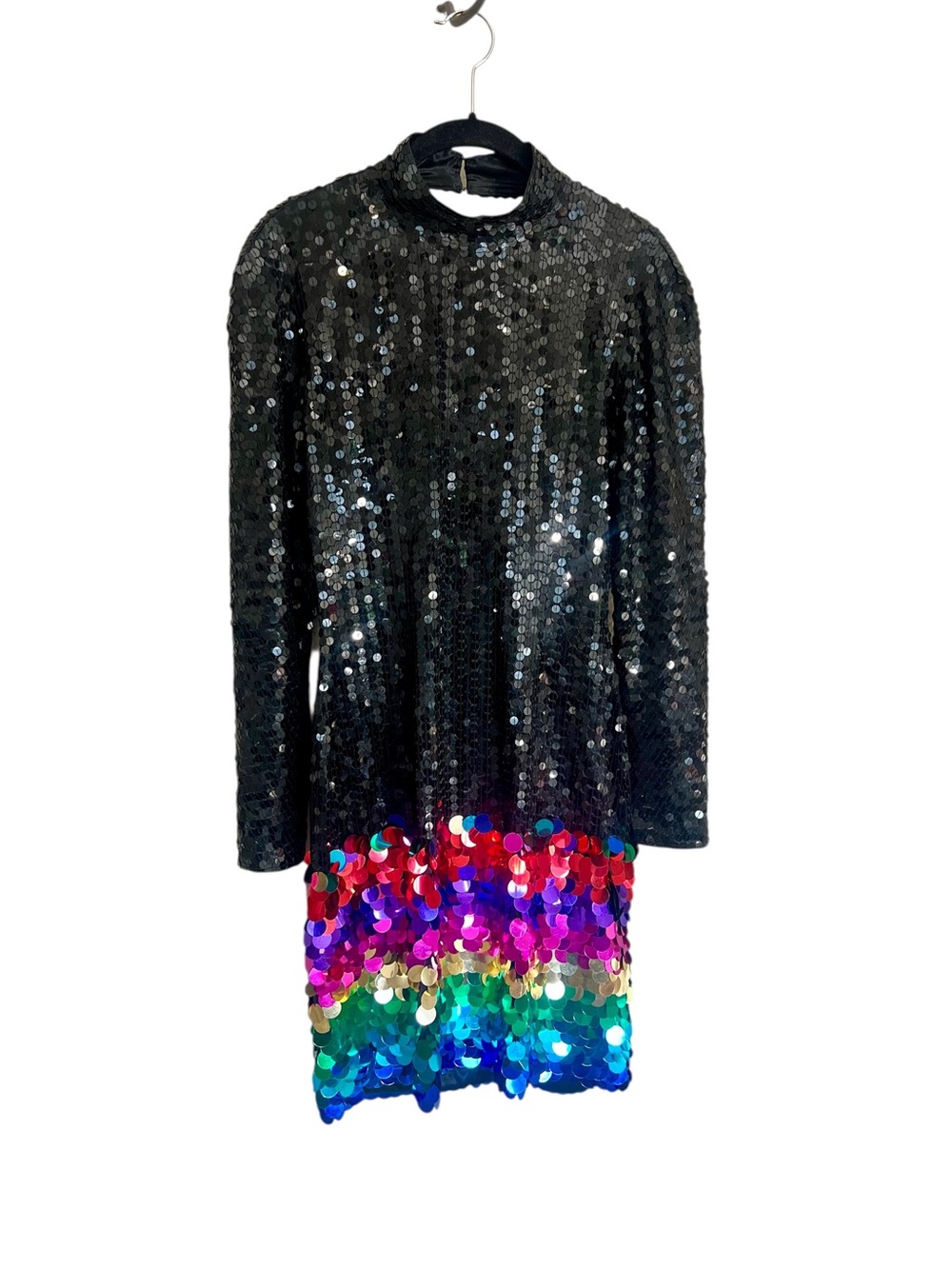Vintage Niteline Black Sequin Rainbow Hem Dress Disco Party Cocktail Costume